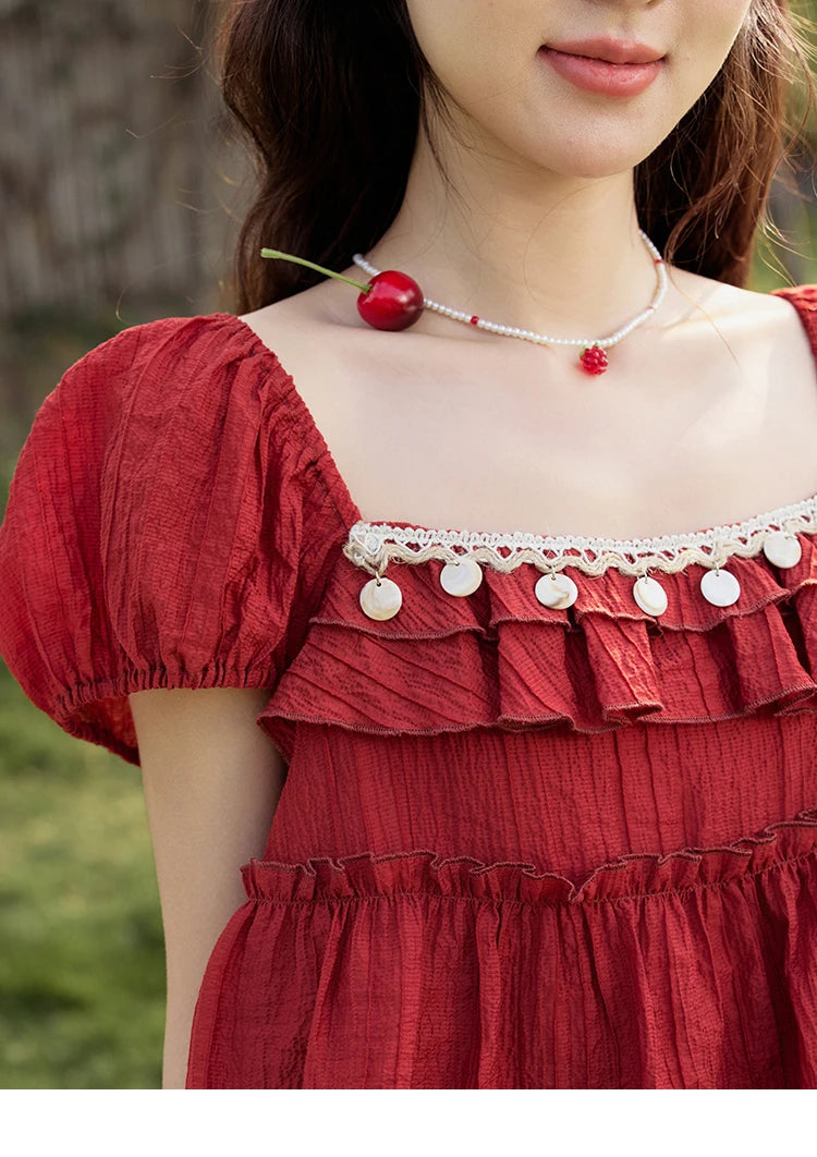 MISHOW French Summer Blouse Women New 2025 Short Sleeve Square Collar Cake Ribbon Shirts Female Fashion Slimming Tops MXE33X1763