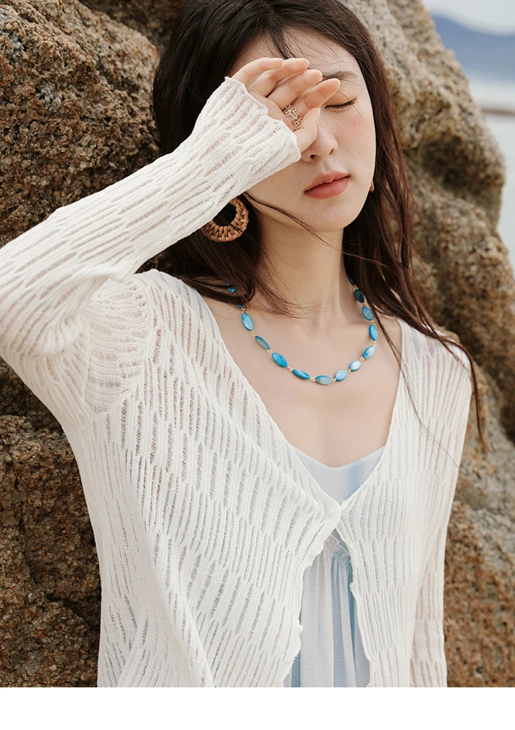 MISHOW Summer Casual Cardigan for Women 2025 New V-neck Long Sleeve Slim Knitted Cardigans Female Fashion White Tops MXE16Z1193