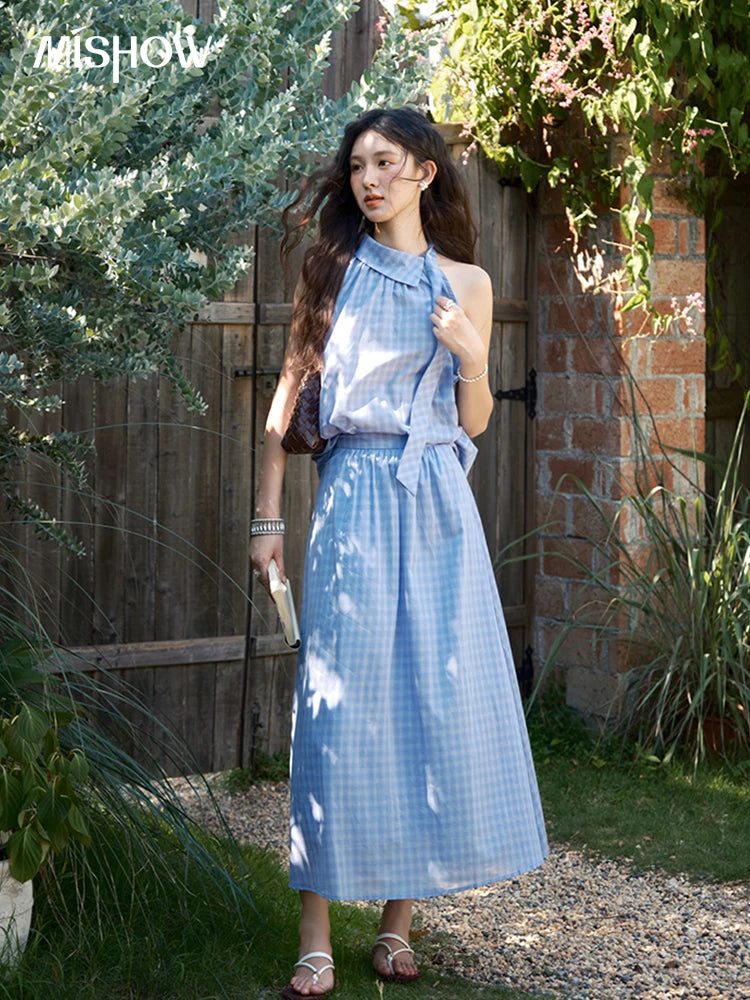 MISHOW Women's 2 Piece Set 2025 Summer Female Vacation Fashion Plaid Hanging Neck Button Top A-line Half Skirt Set MXE39T0711