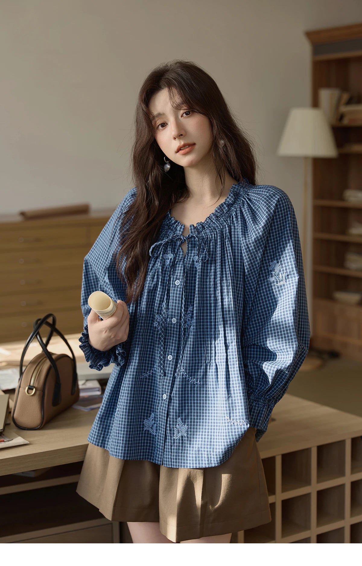 MISHOW Blue Plaid Embroidered Shirt Autumn 2025 Black Fungus Edge Collar Lace-up Doll Shirt 100cotton Loose Retro Top MXE44X2467