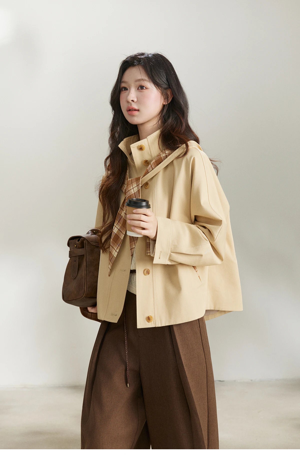 MISHOW Women's Khaki Cropped Trench Coat Spring Lapel Stand Collar Coats Removable Plaid Cap Casual Loose Jacket MXF108W1003