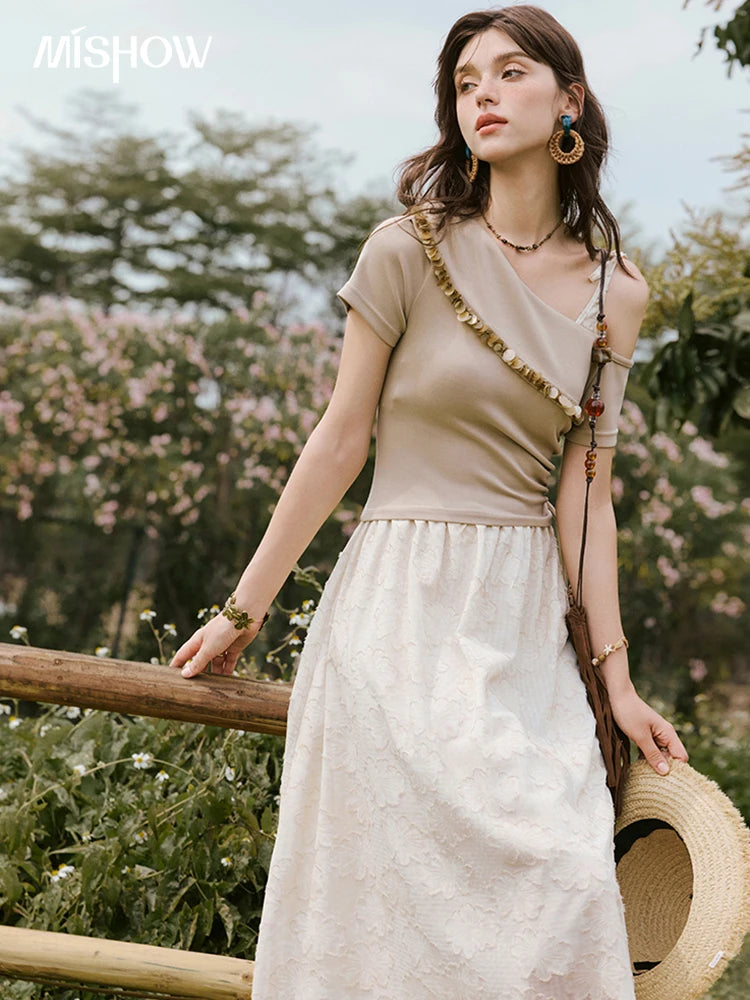 MISHOW Holiday Summer Dresses Women New 2025 Short Sleeve Off-shoulder Knitted Patchwork Midi Dress Female Slimming MXE33L2207