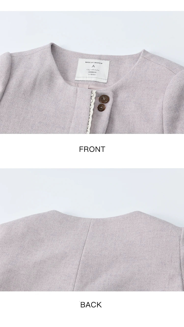 MISHOW Purple Woolen Coat for Women Autumn 2025 Slanted Placket Splicing Lace Coats Shoulder Pads Retro Short Jackets MXE47W0840