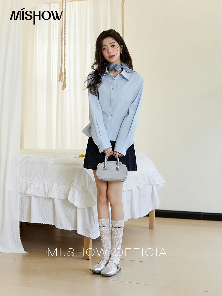MISHOW Women's French Blue Shirt Long Sleeve 2025 Spring Polo Collar Waist Pocket Versatile Shirt Single Breasted Top MXE14C0753