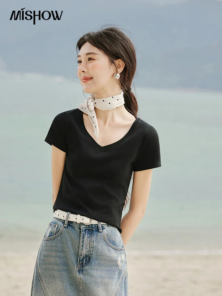 MISHOW Cotton Casual T-shirts Women New 2025 Short Sleeve V-neck Solid Versatile Shirt Female Fashion Basic Tops Lady MXE33T0519