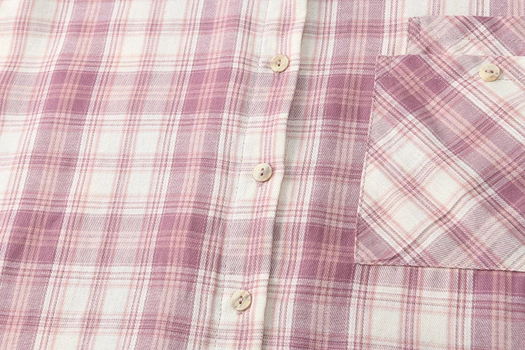 MISHOW Women's 100 Cotton Long-sleeve Purple Plaid Shirt Spring 2025 Loose Pockets Casual Shirts Korean Polo Neck Top MXE14C0417