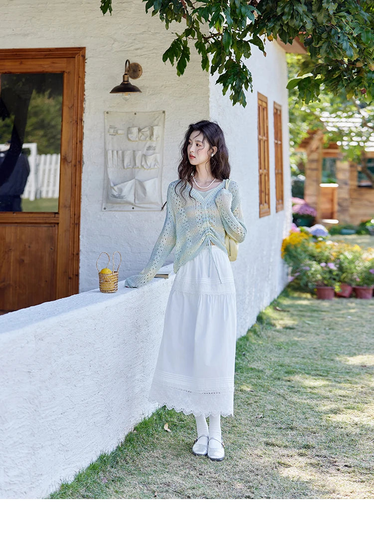 MISHOW Gradient Blue Green Knitted Sweater Women 2025 Autumn Long Sleeve V-neck Drawstring Tops New Fashion Sweaters MXE16Z1171