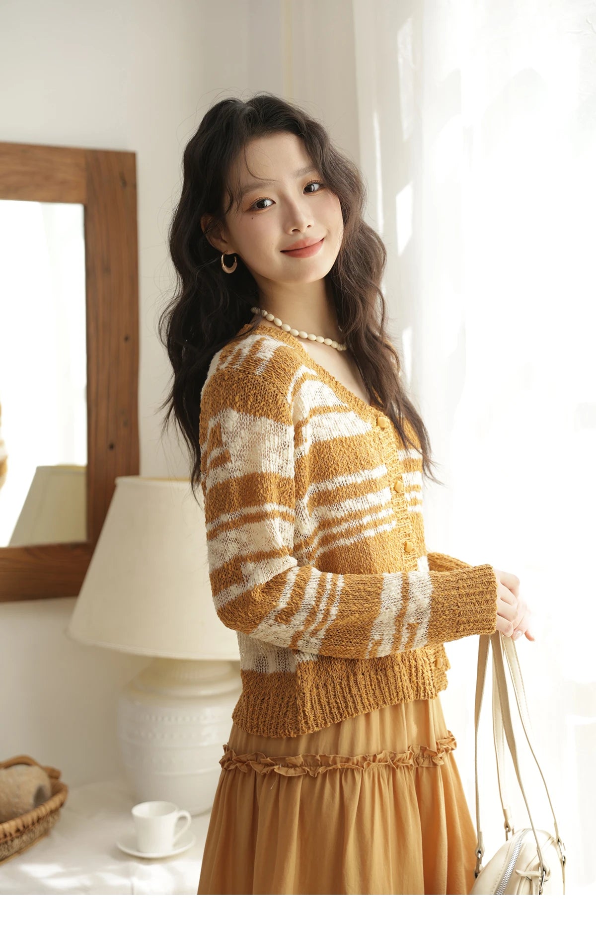 MISHOW Women's Striped Cardigan 2025 Autumn New Retro Yellow V-neck Long Sleeves Single-breasted Short Sweater Coats MXE44Z2516