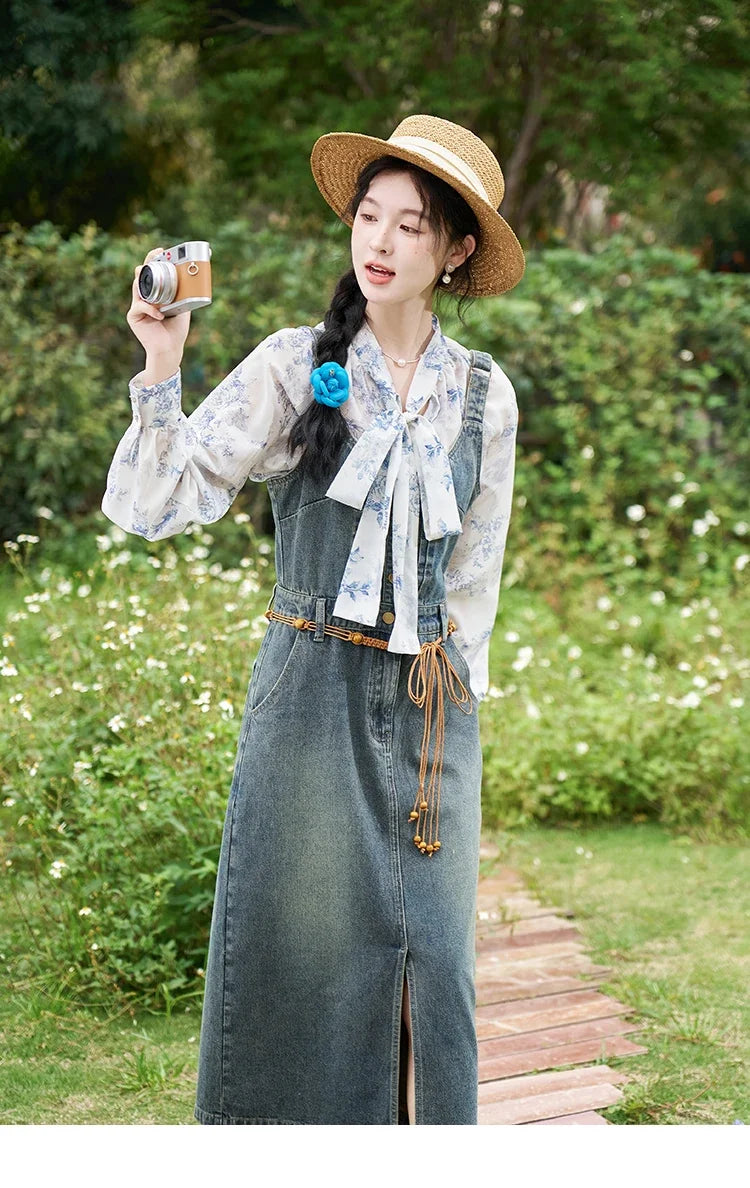 MISHOW Retro Denim Strap Dress for Women Spring Summer 2025 Symmetrical Diagonal Pockets Front Hem Slit Midi Dresses MXD14L1817