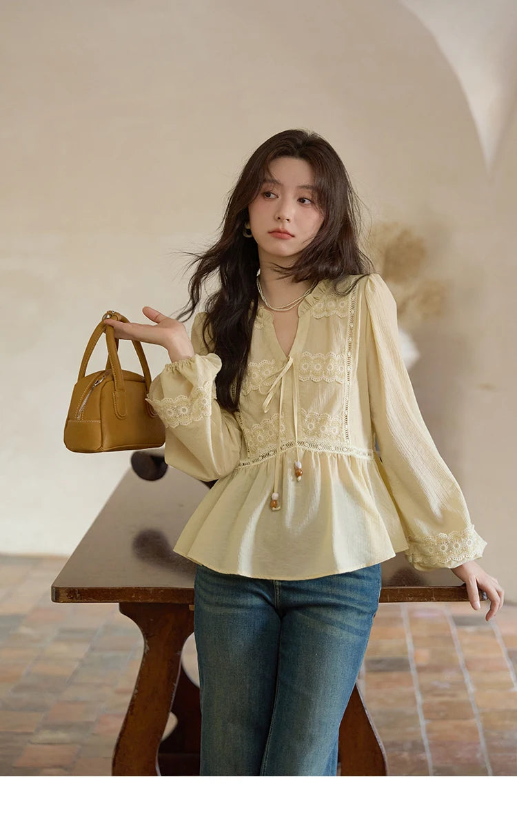 MISHOW French Thin V-neck Blouse 2025 Autumn Lace Patchwork Elastic Cuffs Top Bead Drawstring Lantern Sleeves Blouses MXE41X1925