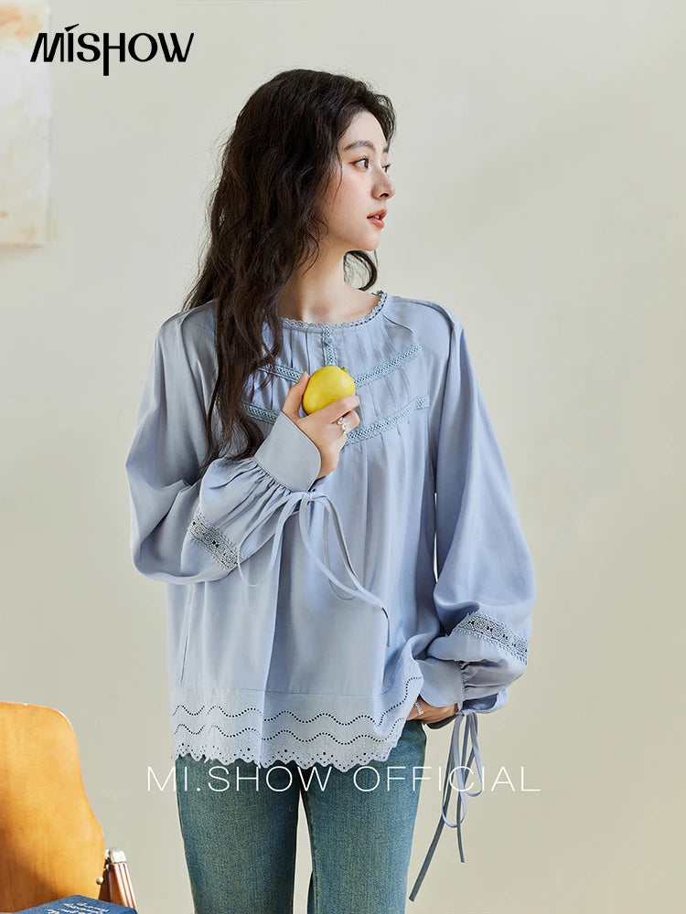 MISHOW Blue Lace Patchwork Shirt for Women 2025 Spring Sleeve Lace-up Hem Wave Edge Top Lantern Sleeve Loose Shirt MXE14X1716