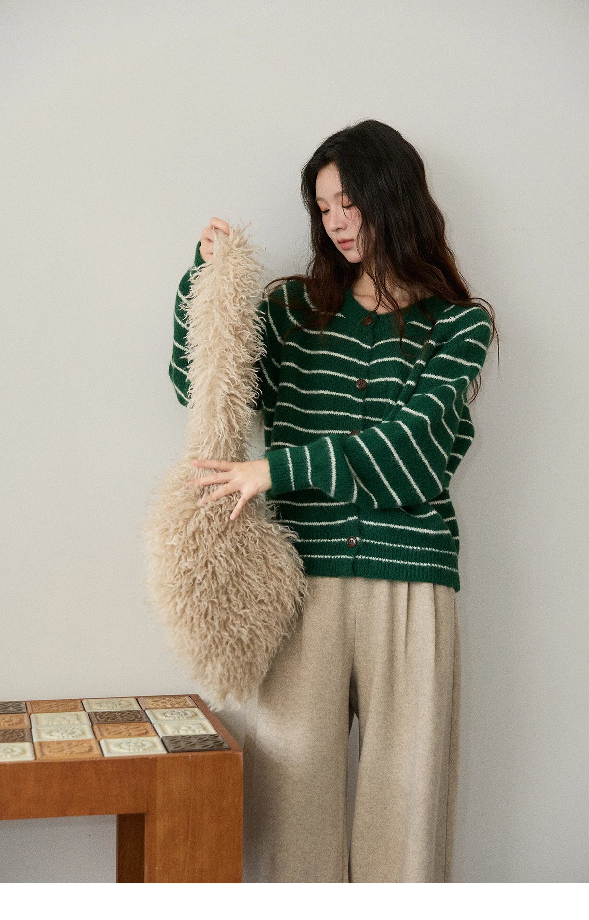 MISHOW Green Striped Cardigans for Woman 2025 Winter Knitted Cardigan Wool Blend Loose Retro Crew Neck Knit Sweater MXE86Z2735