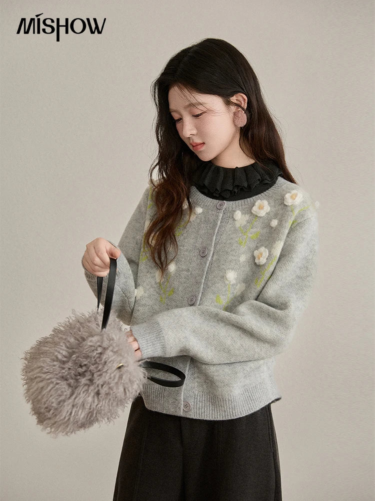 MISHOW Women's Gray Knitted Cardigan 2025 Winter Flower Embroidery Round Collar Single-breasted Warm Slim Sweaters MXE91Z2836