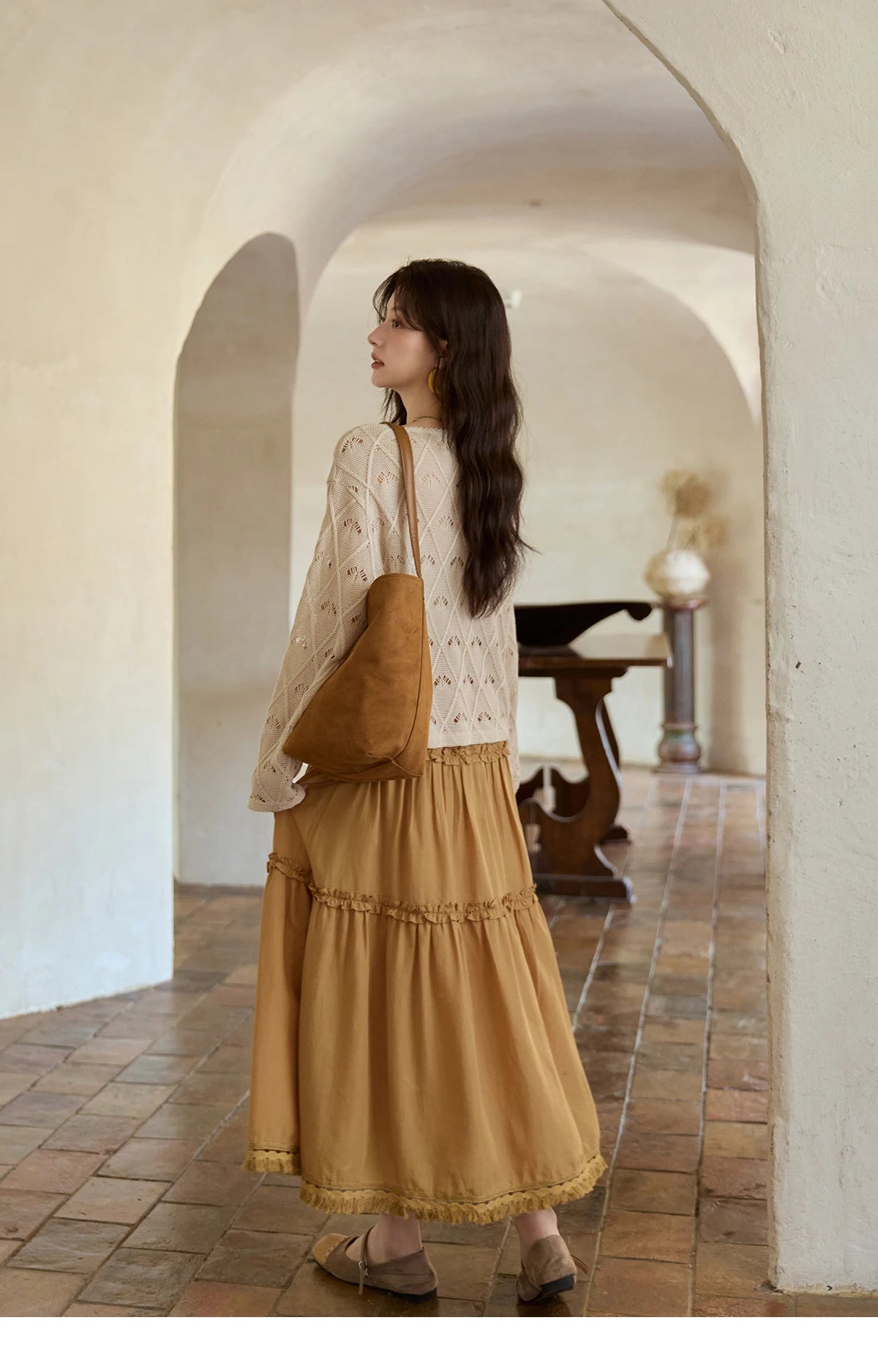 MISHOW Women's Diamond Patterned Knitted Top 2025 Autumn Bohemian Hollowed Out Thin Top Scoop Neck Knitted Sweaters MXE42Z1332