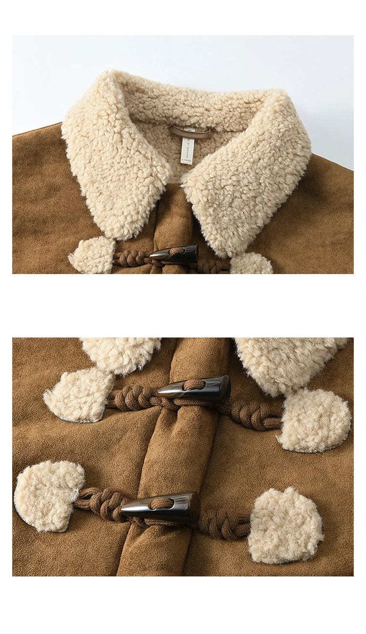 MISHOW Vintage Coats Midi Skirts Separately Brown Suede Plush Jacket Bull Horn Buckle Spliced Design Thick Warm Top MXD36W0500