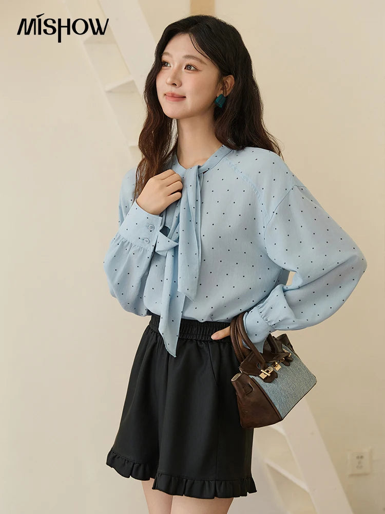 MISHOW Women's Casual Shirt 2025 Autumn French Vintage Blue Polka Dot Shirt Bow Collar Long-sleeve Top Women's Clothe MXE45X2475