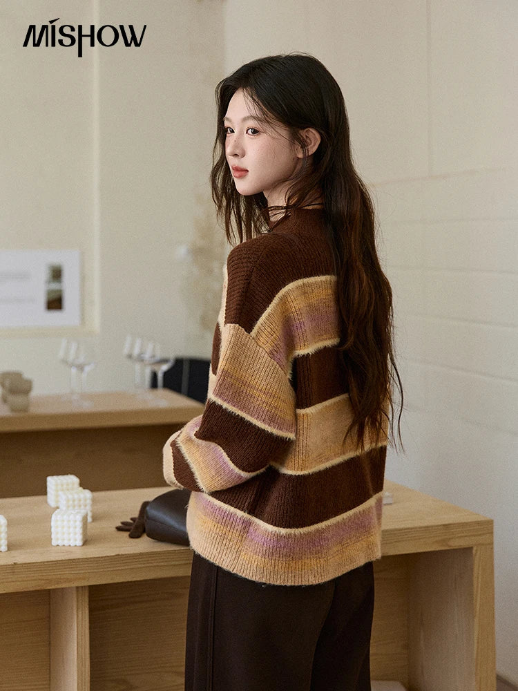 MISHOW Women's French Striped Gradient Sweater 2025 Winter Faux Mink Fleece Sweater Thick Casual Warm Knitted Top MXE94Z2891