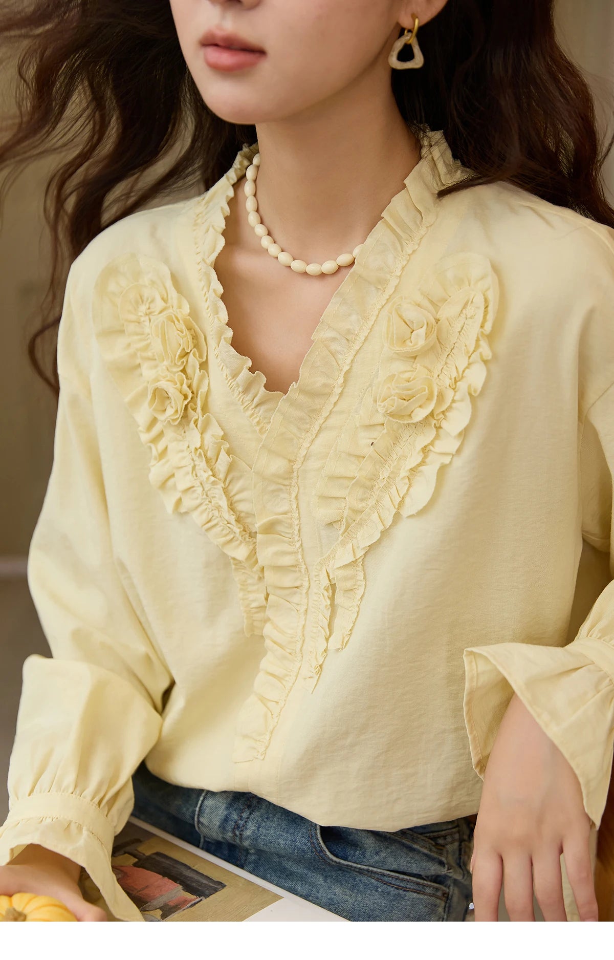 MISHOW Hand Sewn Rose Blouse for Women Autumn 2025 V-neck Edible Tree Fungus Edge Tops Sweet Lantern Sleeves Blouses MXE44X2470