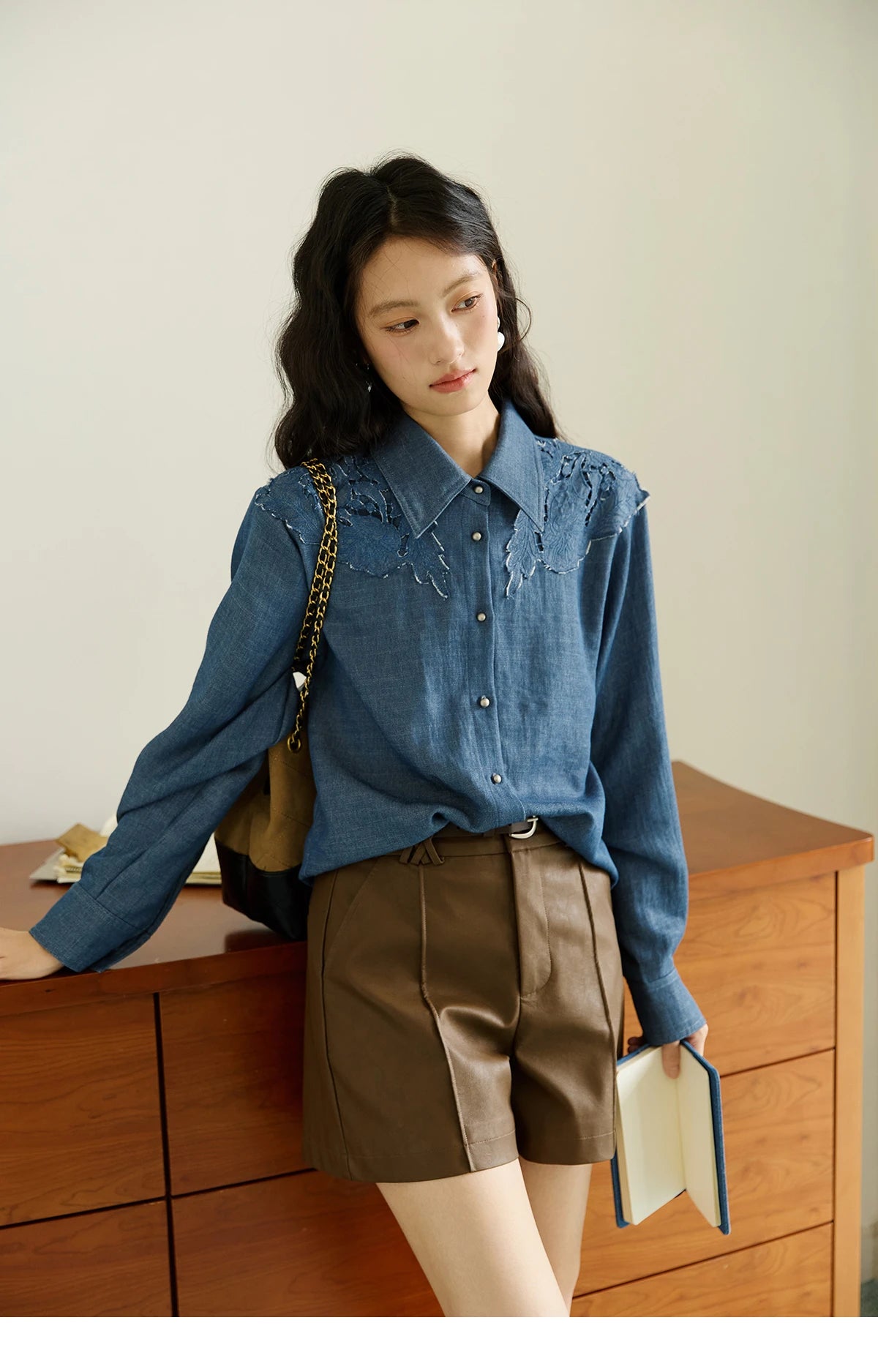 MISHOW Women's Blue Shirt Autumn 2025 Hollowed Out Patchwork Embroidery Tops Imitation Denim Fabric Loose Retro Shirt MXE46C2410