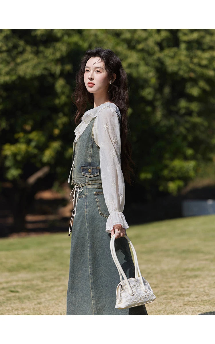 MISHOW Denim Vest Coat Midi Skirt Separately for Women Spring 2025 Korean Retro Washed Cotton Coat Slim A-line Skirt MXE13W0731