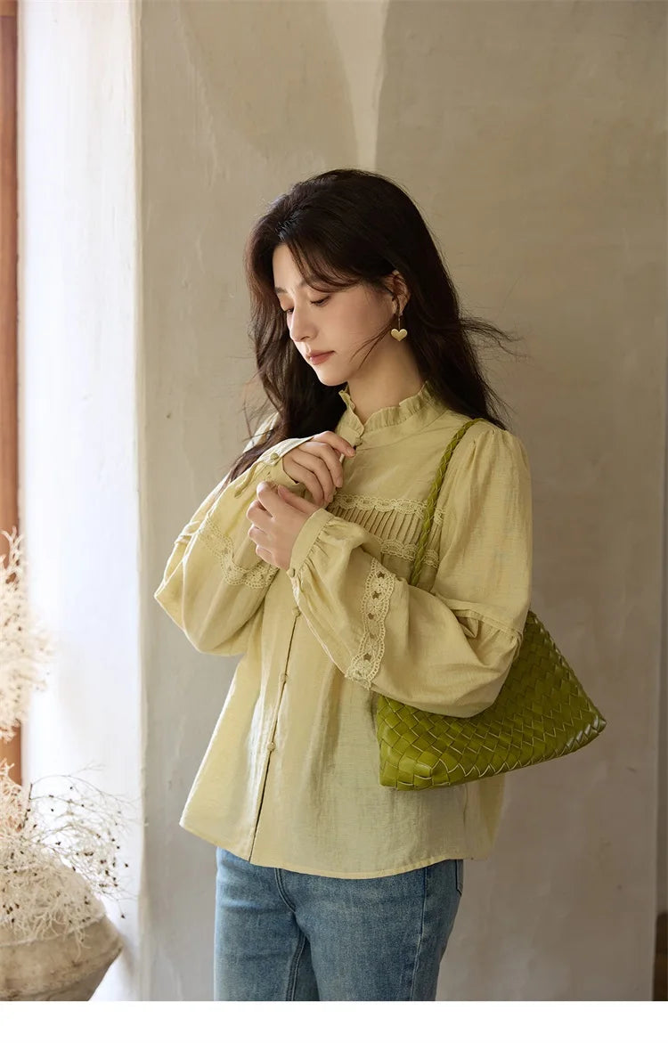 MISHOW Light Yellow Linen Solid Shirt 2025 Autumn Splicing Lace Hollow Sleeves Shirts Stand Collar Top Office Lady MXE42X1976