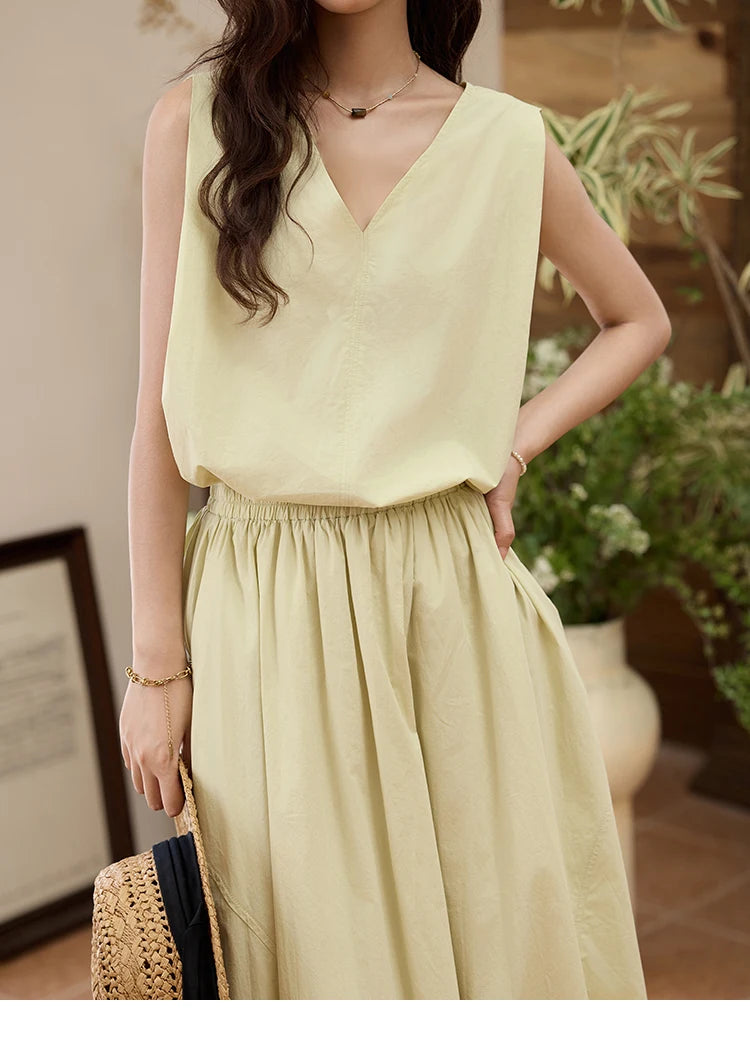 MISHOW Office Lady Solid Blouses Skirts Sets Women Summer 2025 V-neck Sleeveless Vest Elastic Waist Loose Skirts Sets MXE34T0604