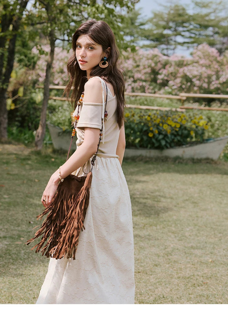 MISHOW Holiday Summer Dresses Women New 2025 Short Sleeve Off-shoulder Knitted Patchwork Midi Dress Female Slimming MXE33L2207