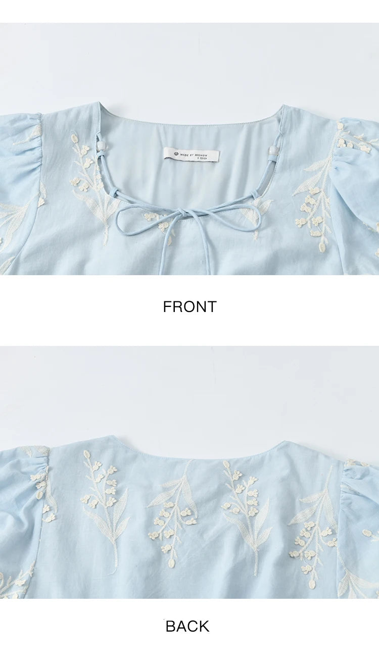 MISHOW Blue Square Neck Bubble Sleeve Dress for Women Summer 2025 Waist Vacation 100 Cotton Embroidered Long Dress MXE35L2234