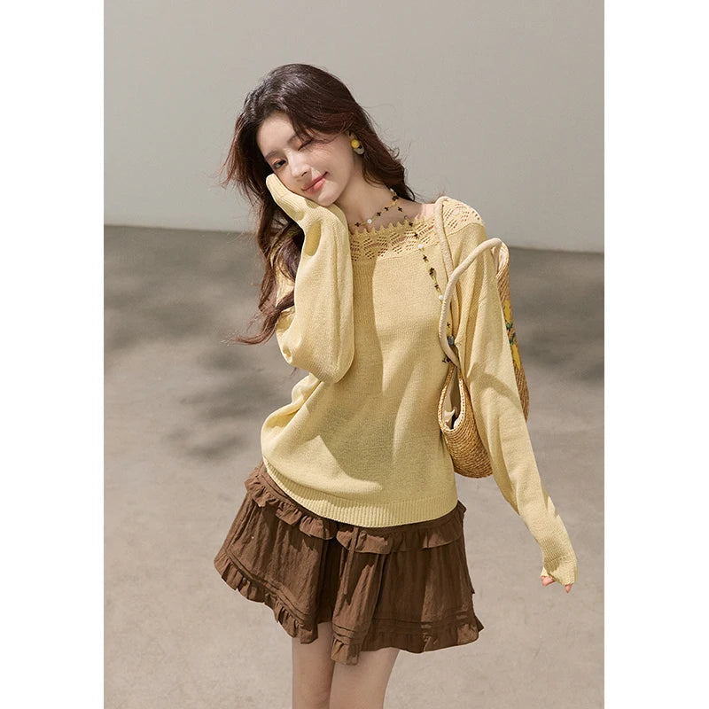 MISHOW Women's Hollowed Out Lace Trim Knit Tops 2026 Spring Boat Neck Long Sleeve Knitwear Casual Soft Yellow Sweater MXF15Z3050