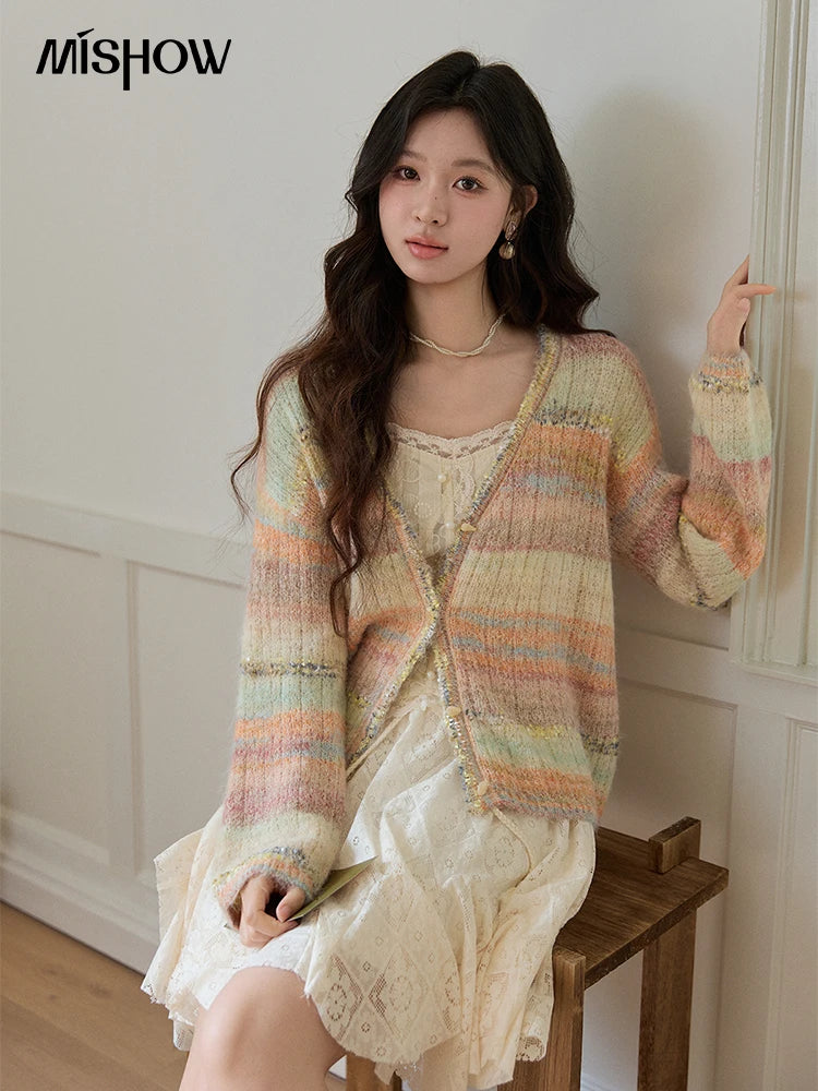 MISHOW Women's Gradient Striped Knit Cardigan 2026 Spring V Neck Single Breasted Casual Thin Soft Rainbow Sweater MXF13Z3019