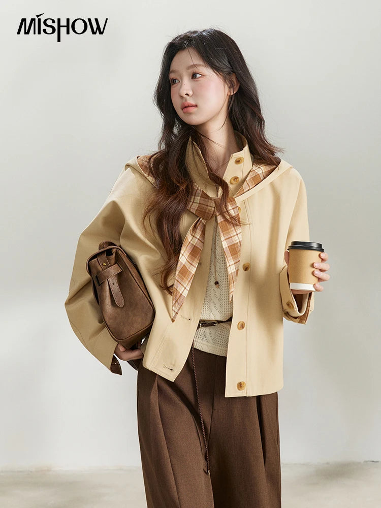 MISHOW Women's Khaki Cropped Trench Coat Spring Lapel Stand Collar Coats Removable Plaid Cap Casual Loose Jacket MXF108W1003