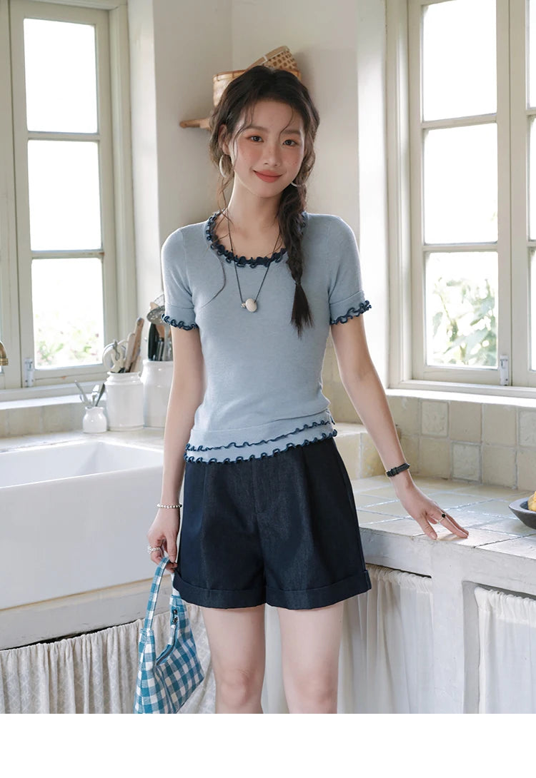 MISHOW Women's Round Neck Knit T-shirt Summer 2025 Fashion Ear Edge Short Top Casual Short Sleeve Tee Female Clothing MXE32Z1233