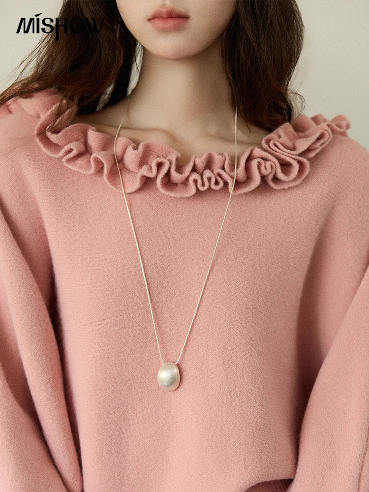 MISHOW Pullovers Women 2025 French Style Orange Lotus Edge Crew Neck Lantern Sleeves Top Slim Luxury Women's Sweaters MXE86Z2726