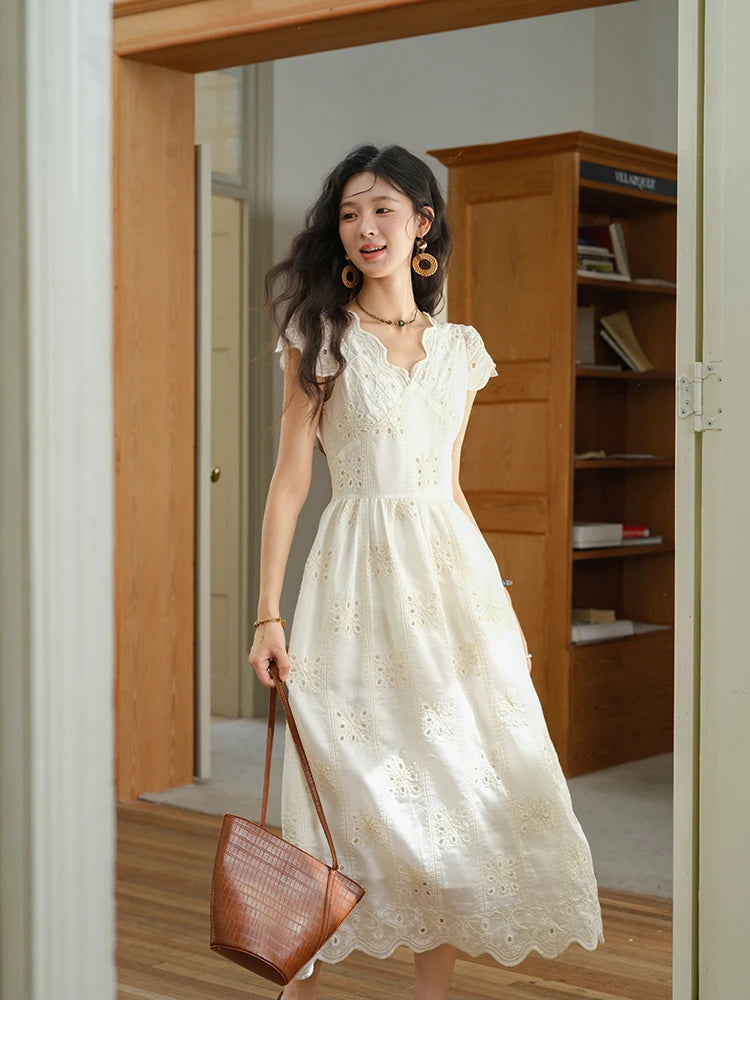 MISHOW Women's Flying Sleeve V-neck Hollow Dress 2025 Summer Embroidery A-line Dress Seaside Vacation Long Dresses MXE39L2404