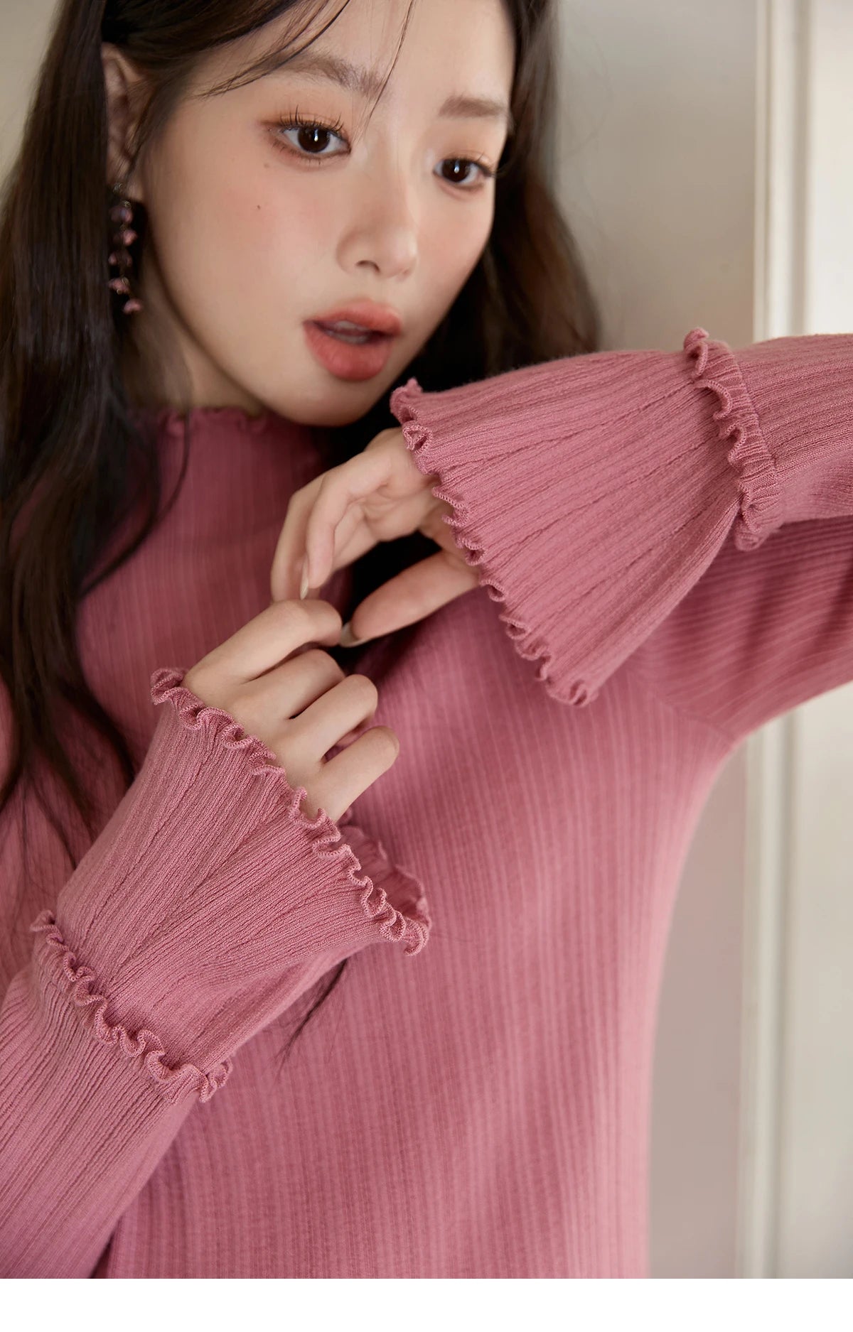 MISHOW Women's Long Sleeve Top 2025 Autumn New Casual Solid Turtleneck Slim Knit Wood Ear Edge Trumpet Sleeve Top MXE51Z2552