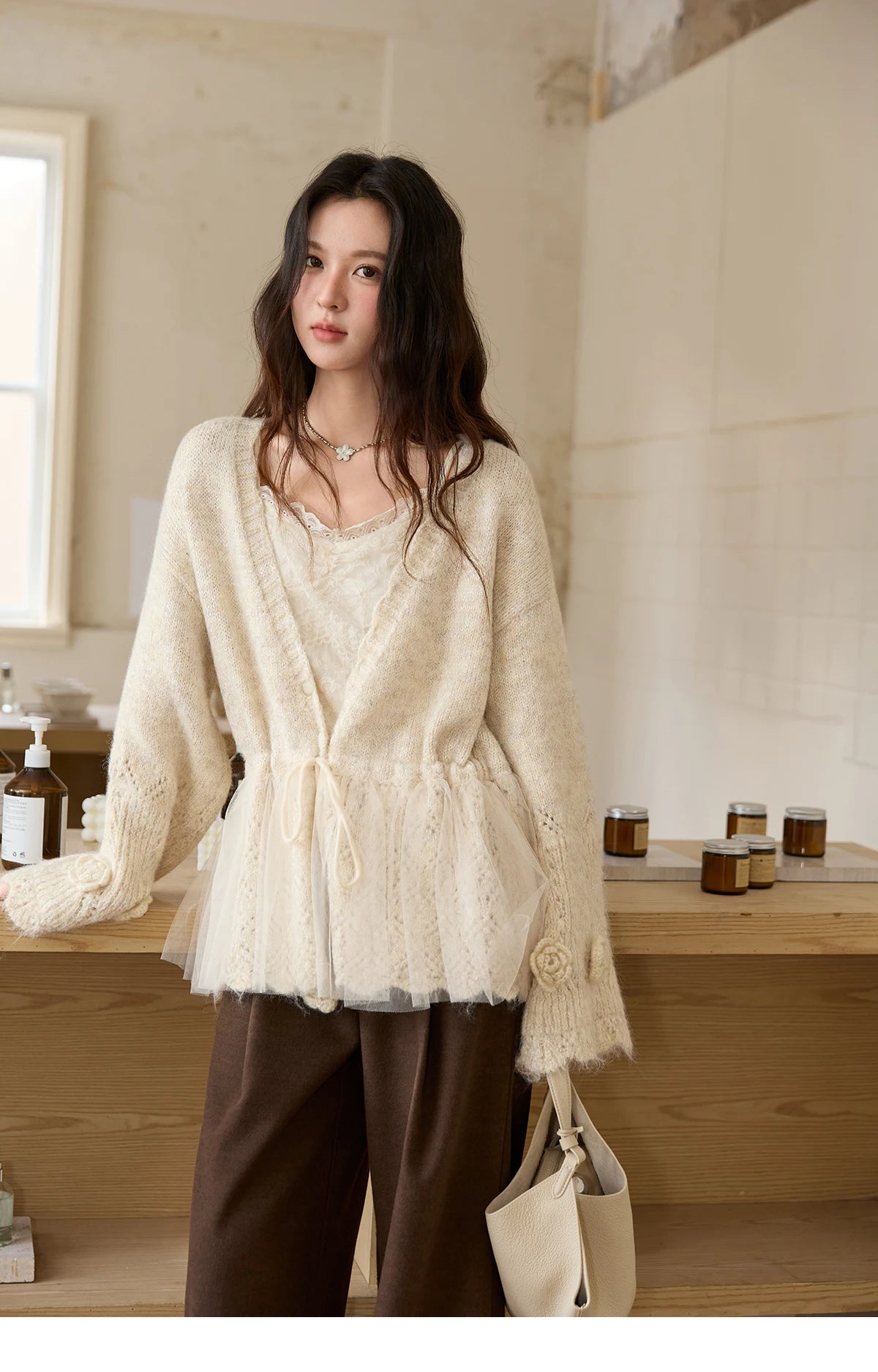 MISHOW Apricot Mesh Stitching Knit Cardigan for Woman Fashion Drawstring Waist Three-dimensional Flower Loose Sweater MXE88Z2707