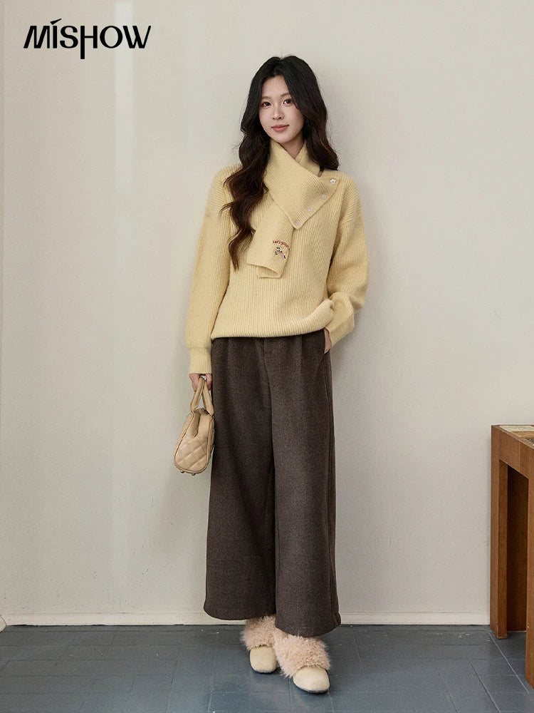 MISHOW Women's Yellow Sweater with Detachable Scarf 2025 Autumn Winter Loose Casual Warm Thickened Knit Pullover MXE93Z2953
