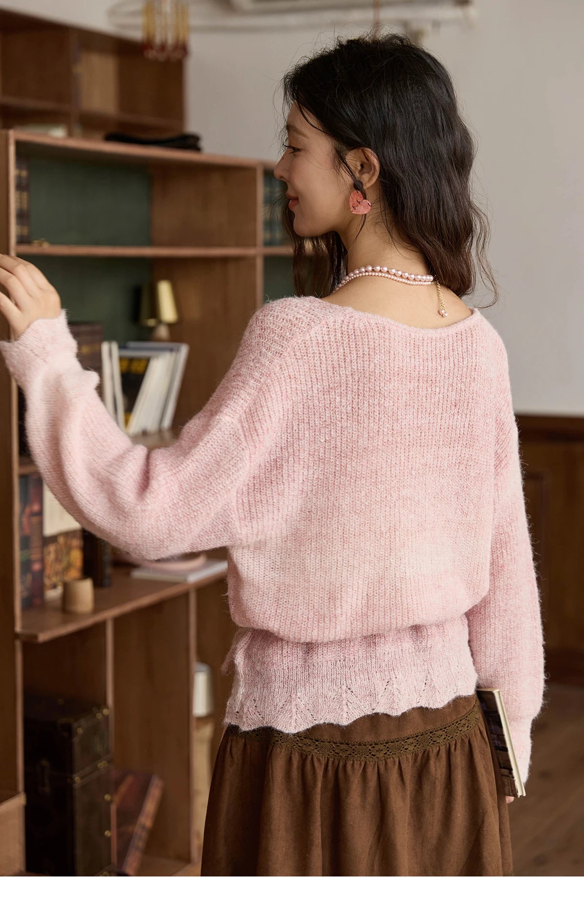 MISHOW Women's Pink Gradient Knitted Top 2025 Autumn French Wool Blend Ribbed Cuff Long Sleeve Tops with Knitted Rope MXE43Z1334