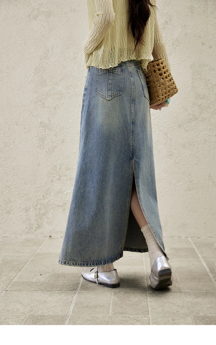 MISHOW Denim Skirt Women 2025 Spring Irregular Wash Denim Distressed Skirts Split Back Hem High Waist Commuter Skirt MXE14B0705