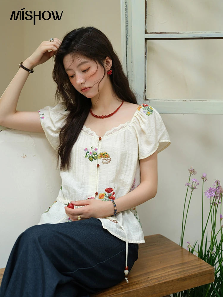 MISHOW Women's Fashion Flower Embroidery Blouse Summer 2025 Square Neck Lace Drawstring Short Top Ladies Clothing MXE37X1895