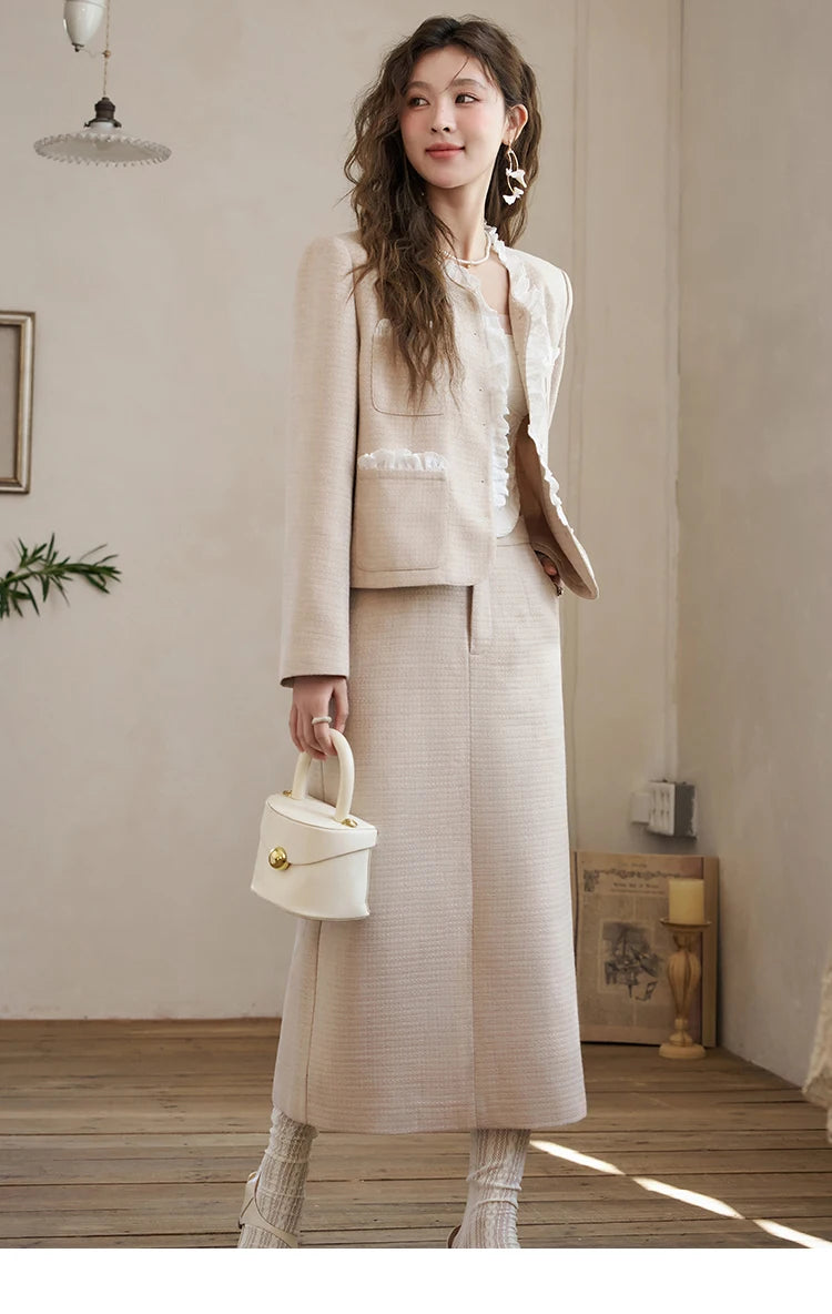 MISHOW French Fragrant Coat Solid Skirt Separately 2025 Spring Collar Pocket Splicing Lace Top Hem Split Back Skirt MXD12W0274