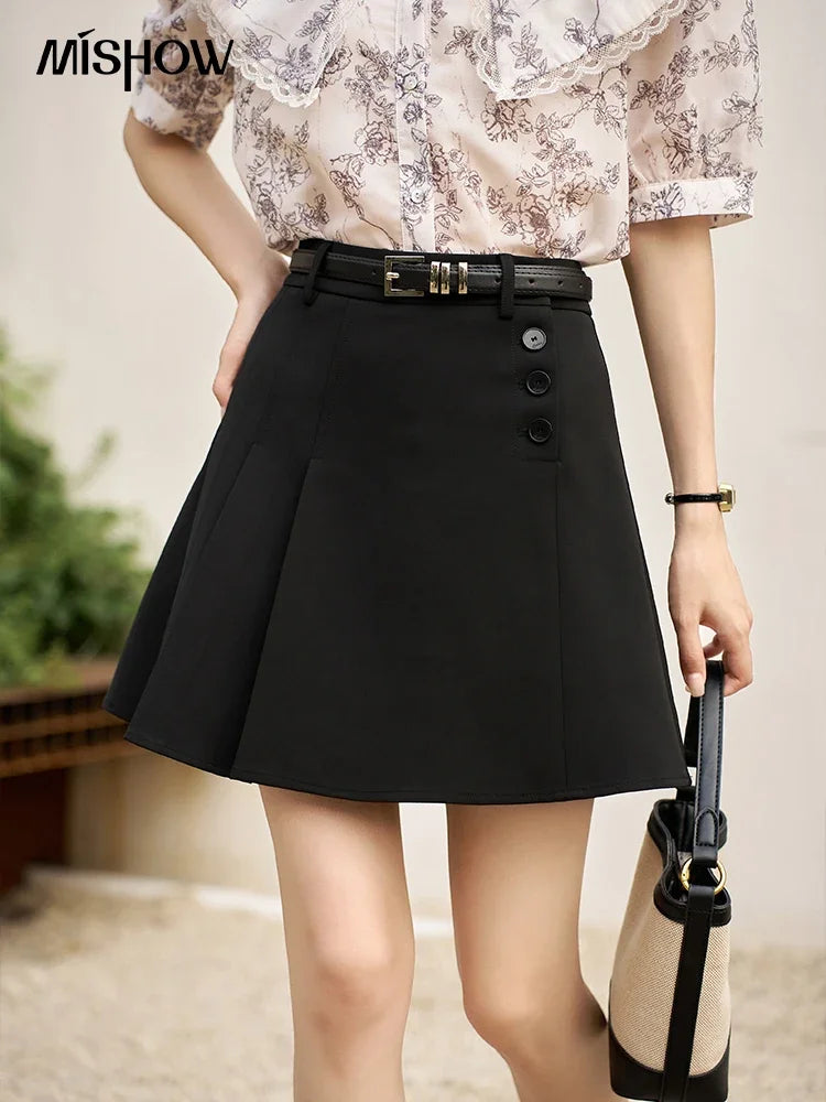 MISHOW Women's Pleated Short Skirt 2023 Summer College Style Solid High Waist Button A-LINE Above Knee Mini Skirts MXC37B0043