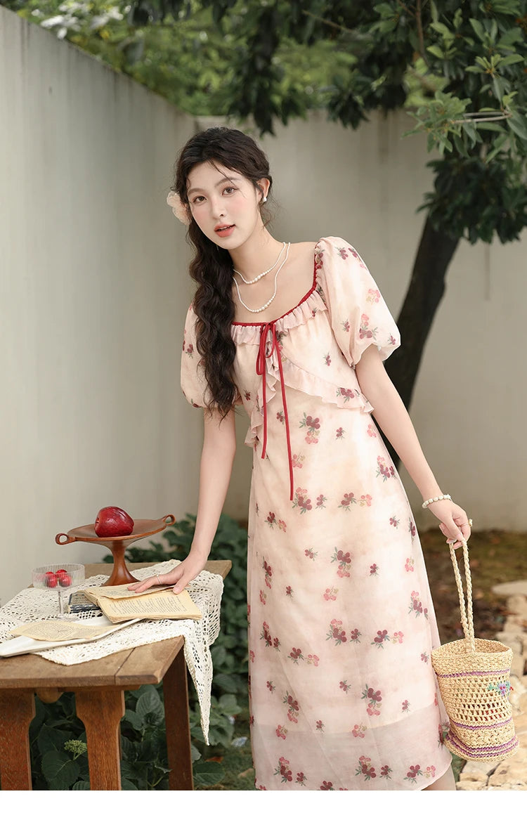 MISHOW Korean Floral Bubble Sleeve Lace-Up Dress MXD31L1924