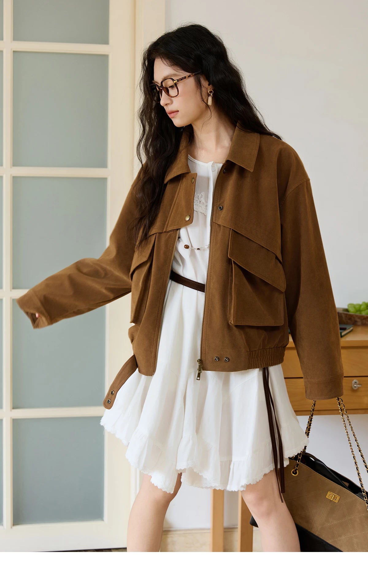 MISHOW Suede Retro Brown Jacket for Women Autumn Winter 2025 Pocket Zipper Loose Coats Lapel Wide-waisted Casual Coat MXE46W0866