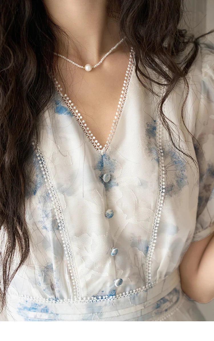 MISHOW 【Taraxacum Series】Chiffon Dress for Women 2023 Summer French Taraxacum Printing V-neck Waist Puff Sleeve Dress MXC39L1555