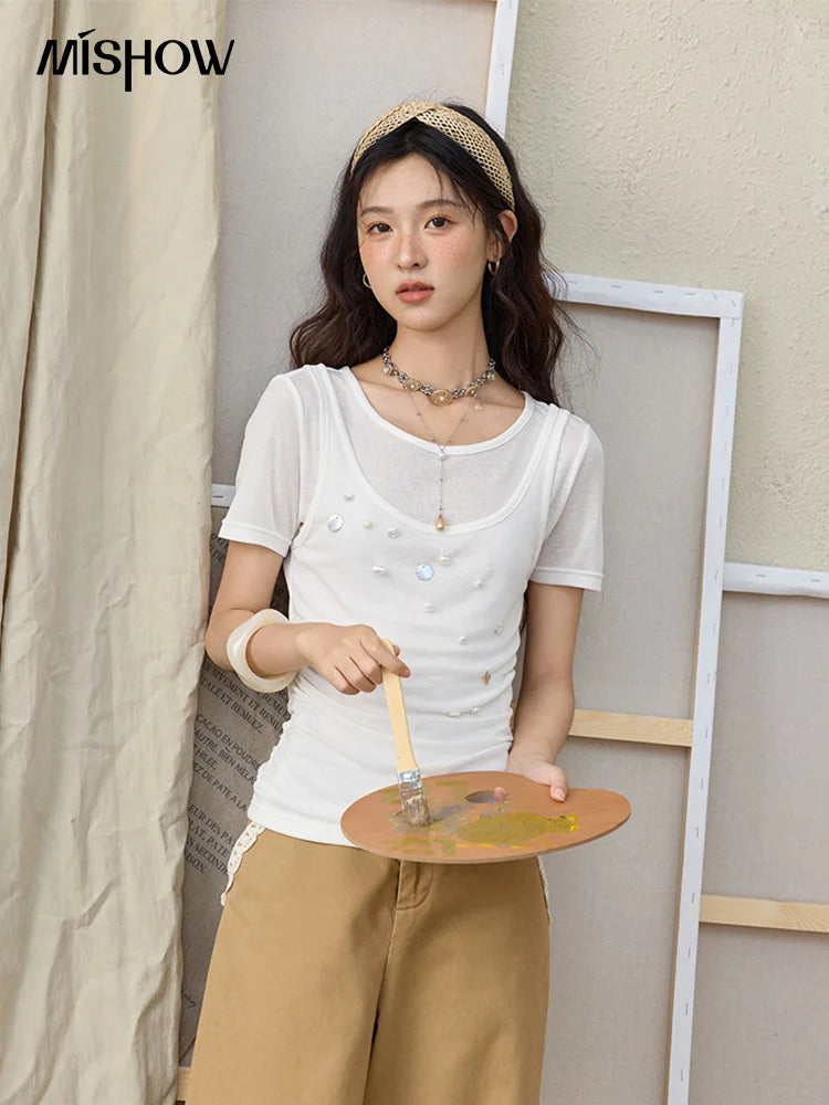 MISHOW 100Cotton Khaki Lace Patchwork Wide Leg Pants for Summer 2025 High Waist Straight Leg Trousers Commuting Pants MXE34K0925