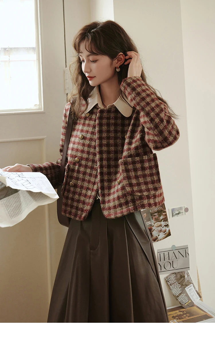 MISHOW Women's Vintage Plaid Coat 2024 Autumn French Single Breasted Crew Neck Crop Woolen Tops Office Lady Outerwear MXC48W0175