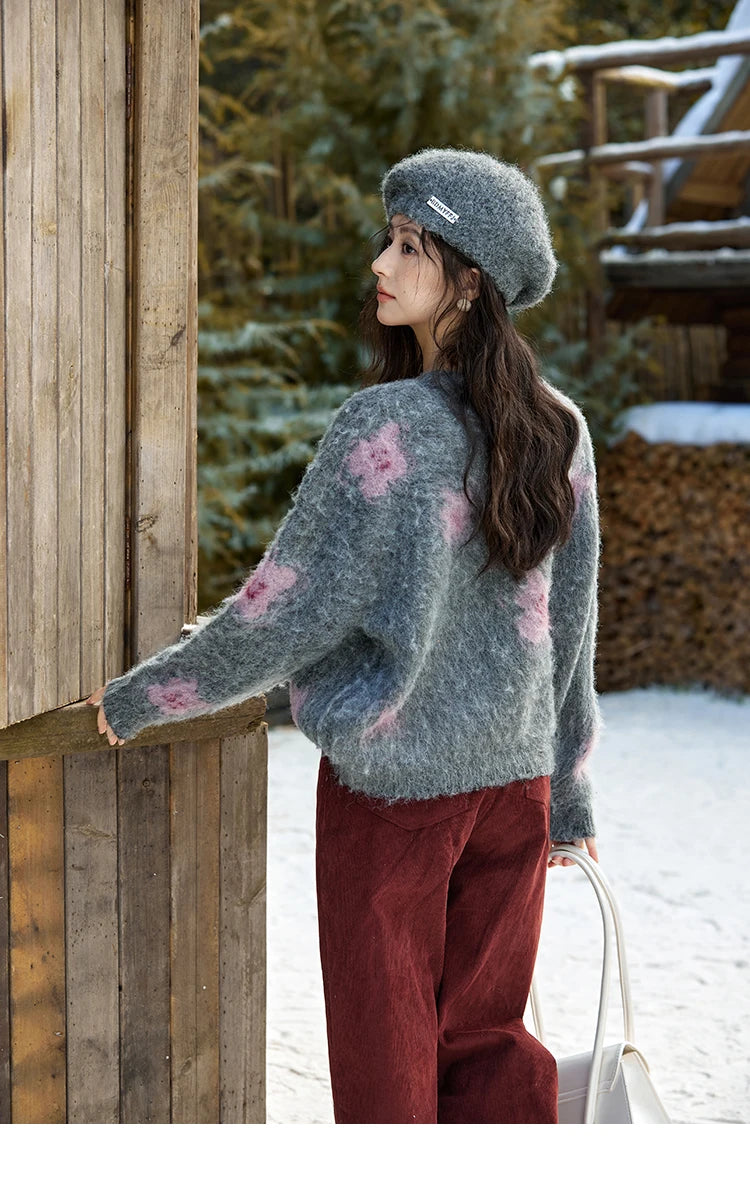 MISHOW Wool Yarn Plush Fur Flower O-Neck Pullover Knitted Sweater Women Clothes Warm Versatile Long-sleeved Tops MXD56Z1001