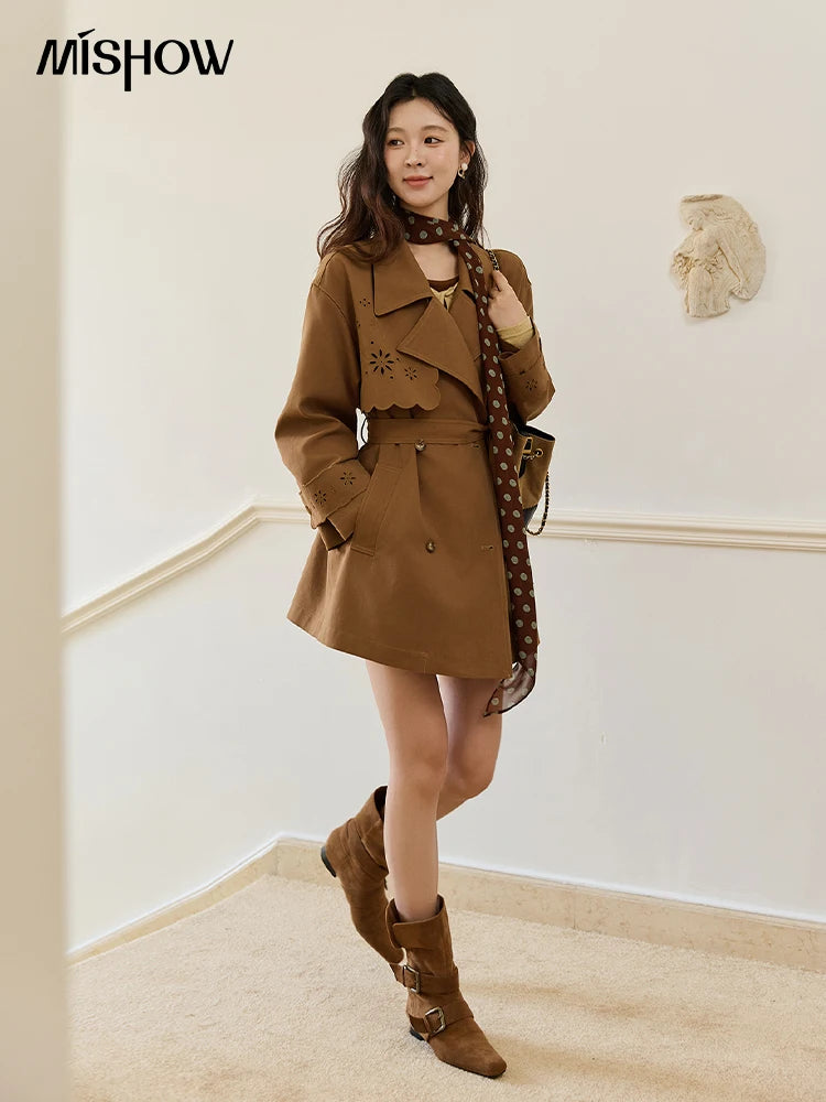MISHOW Hollow Flower Trench Coat for Women Autumn 2025 Double Breasted Retro Trench with Slant Pocket Belt Coats MXE46W0838
