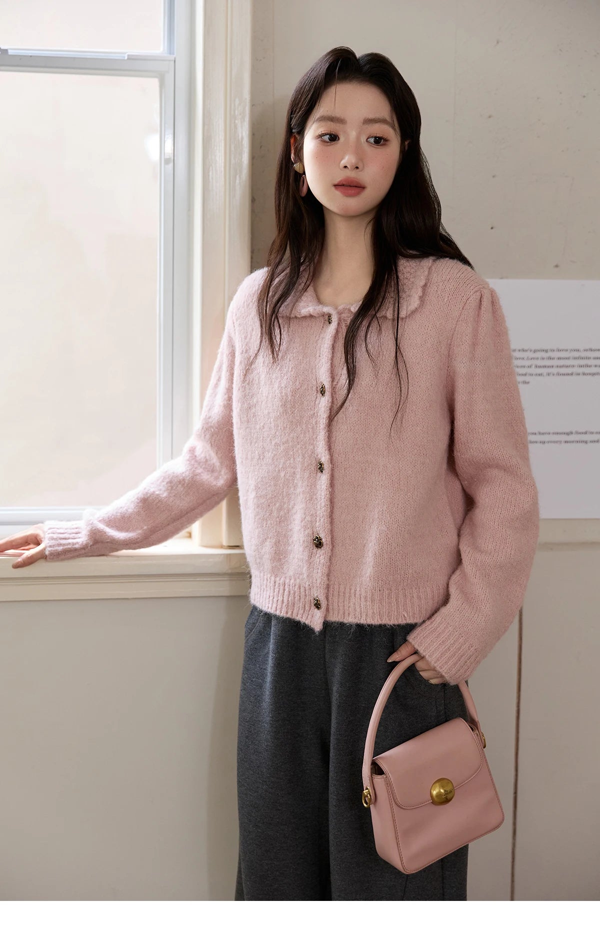 MISHOW Pink French Cardigan Women 2025 Autumn Winter New Sweet Turn-down Collar Single-breasted Loose Knit Sweater MXE48Z2569